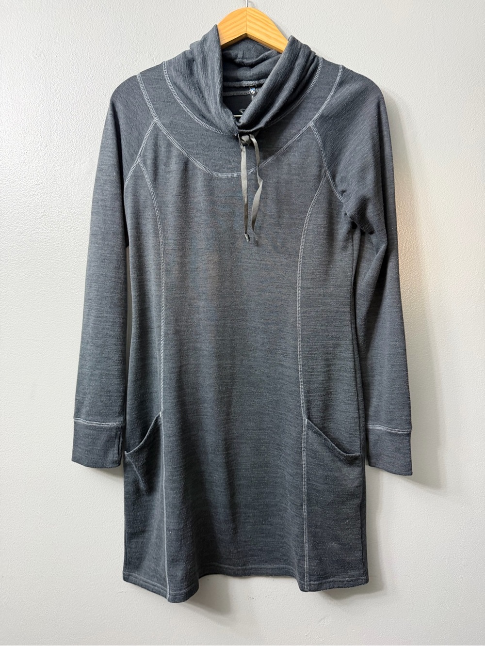 Kuhl Lea Cowl Neck Sweater Dress Thumbhole Pockets  M Outdoor gray